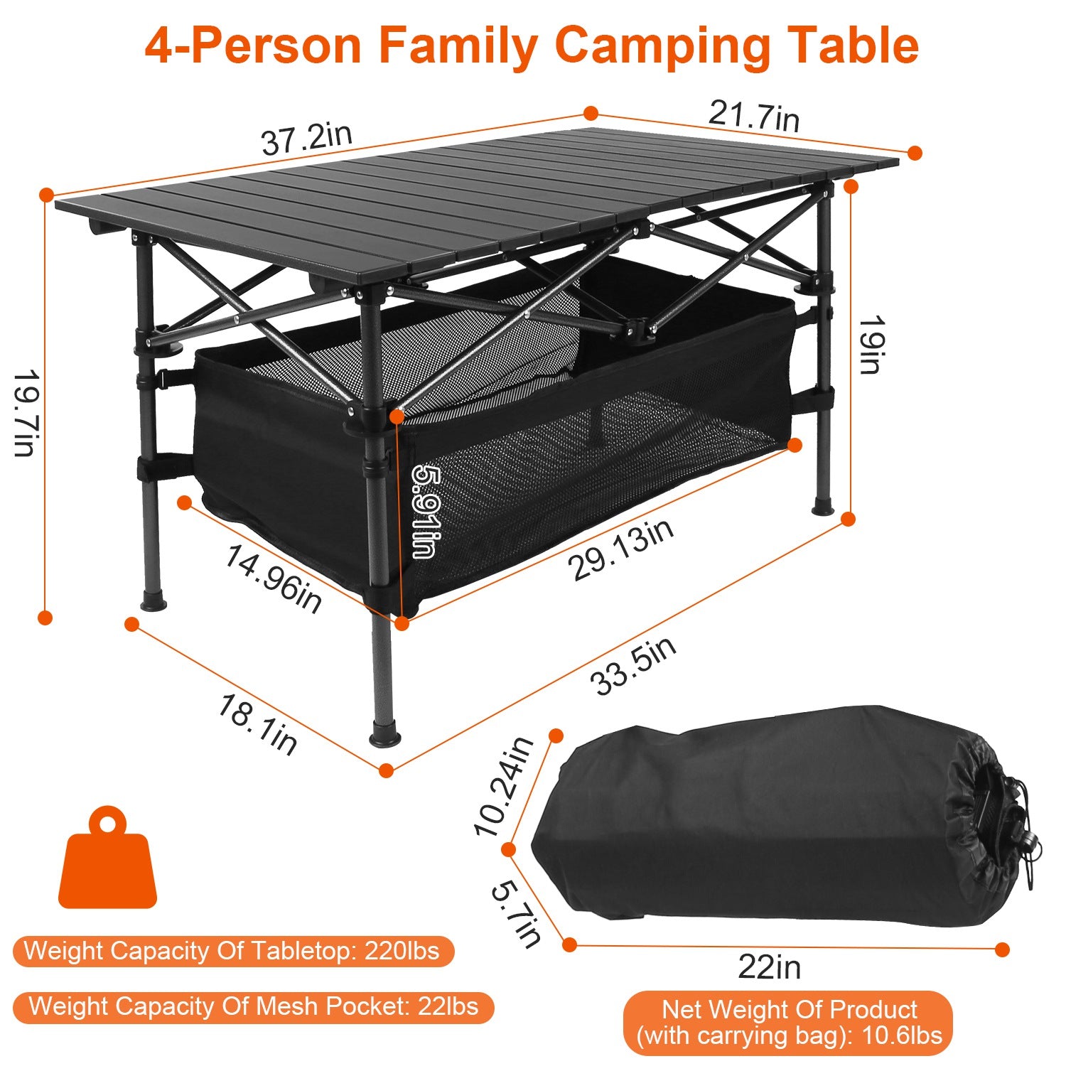 4-person family camping table with dimensions and carrying bag on a white background