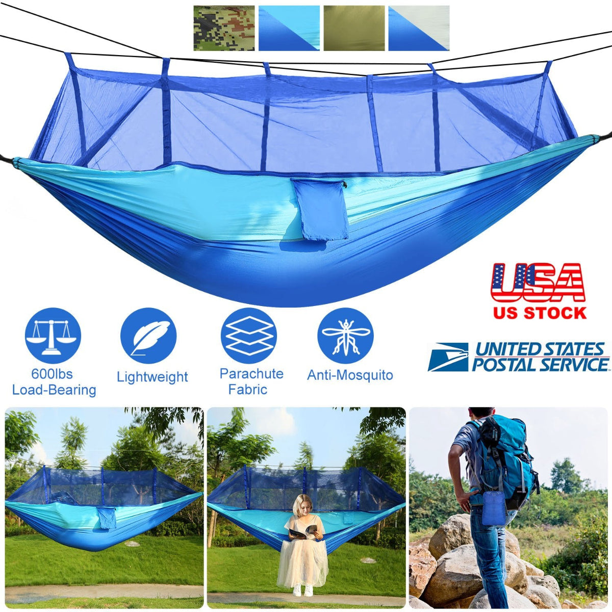 Blue hammock with mosquito net on a white background, featuring product details and outdoor usage.