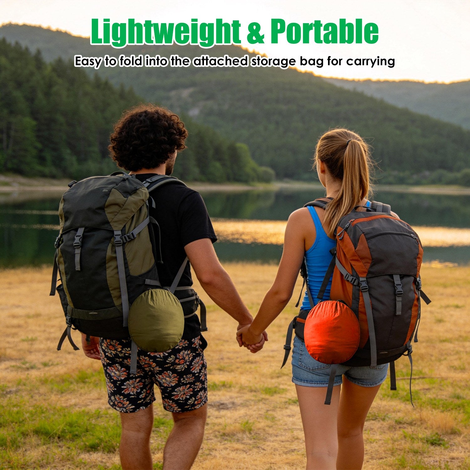 Two people with backpacks standing in a scenic outdoor setting, promoting lightweight and portable backpacks.