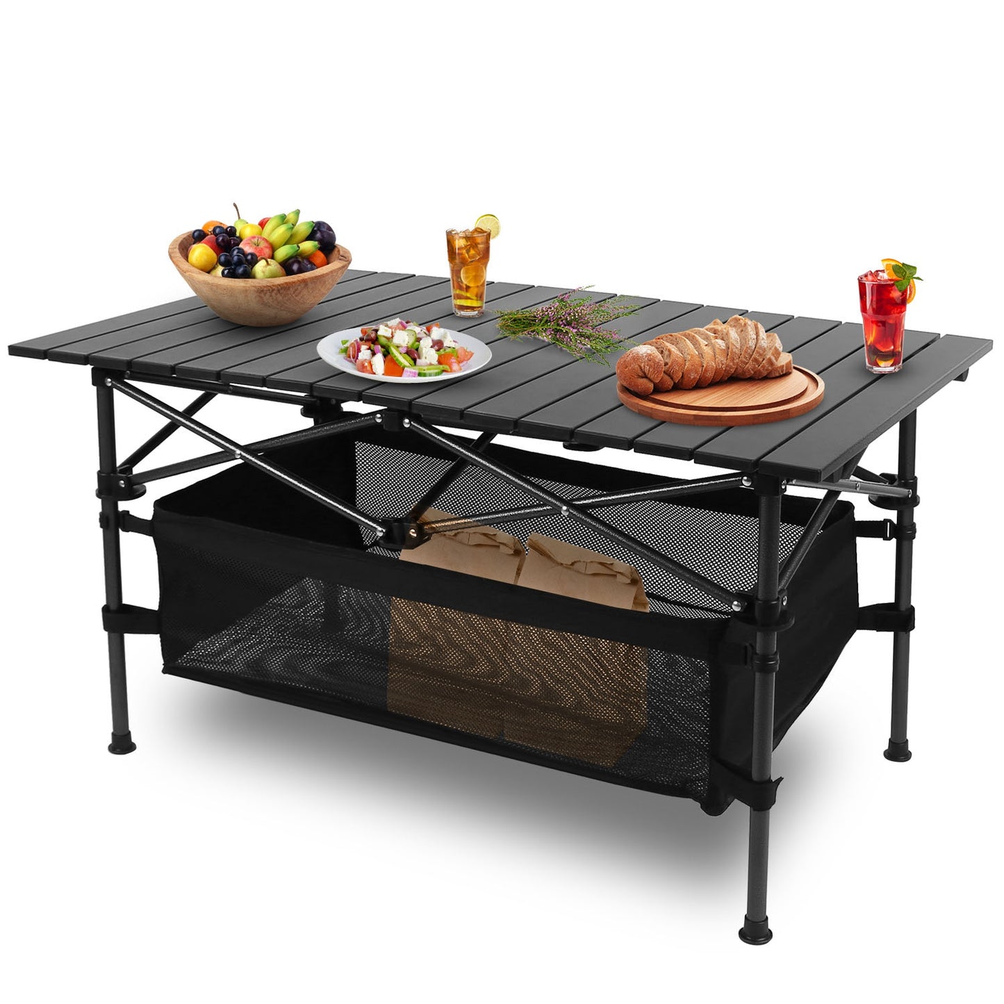 Portable folding table with food and drinks on a white background