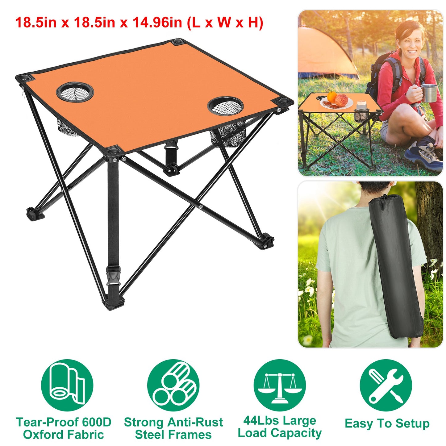 Lake Forest Orange Portable Folding Camping Table with 2 Cup Holders