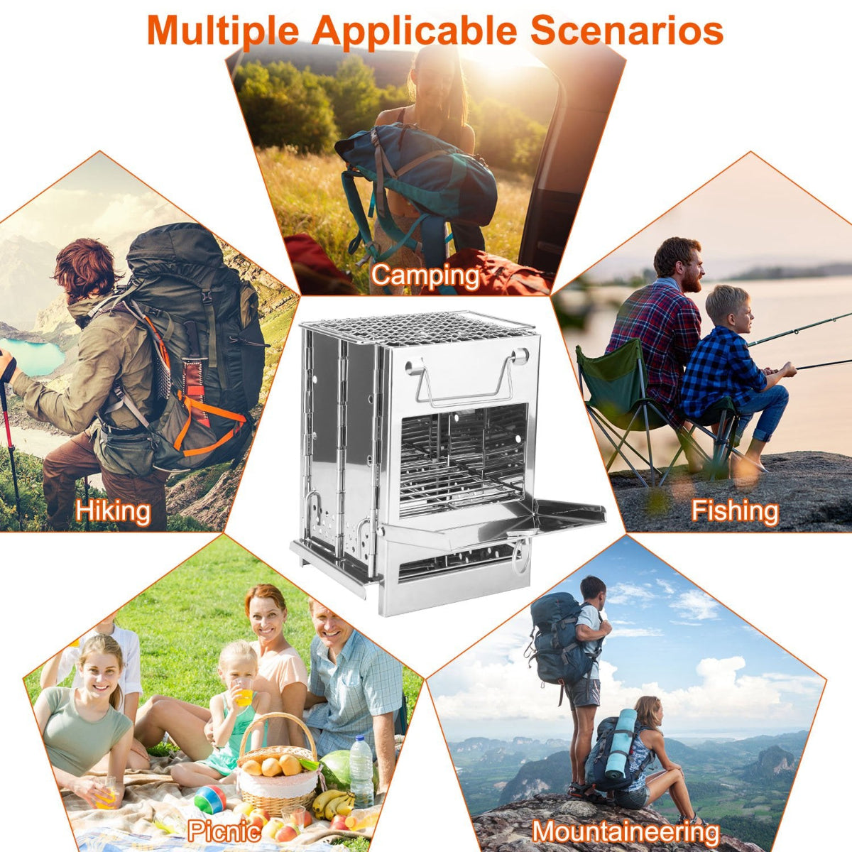 Collage of people in various outdoor activities with a portable stove in the center.