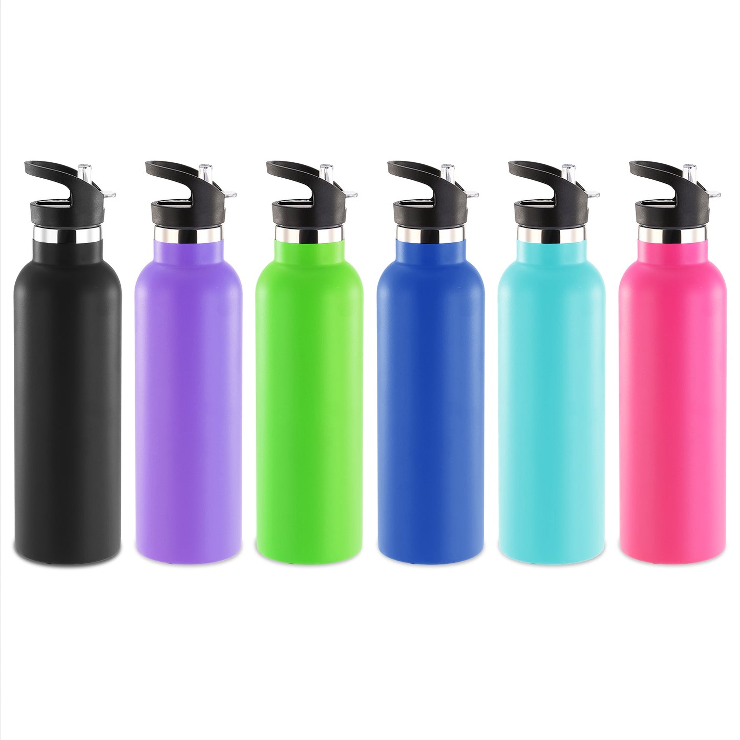 Set of six colorful water bottles with black lids on a white background
