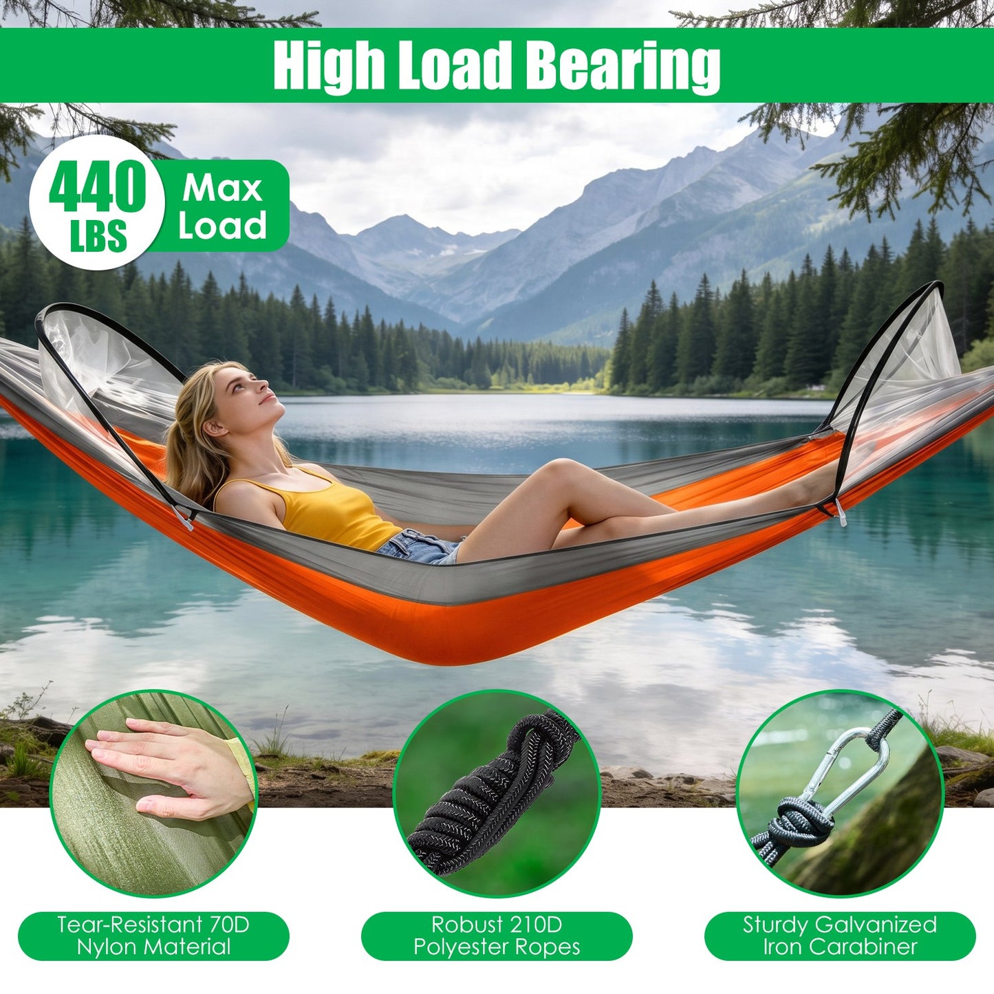 Lake Forest 3-in-1 Camping Hammock with Mosquito Net – Orange/Grey