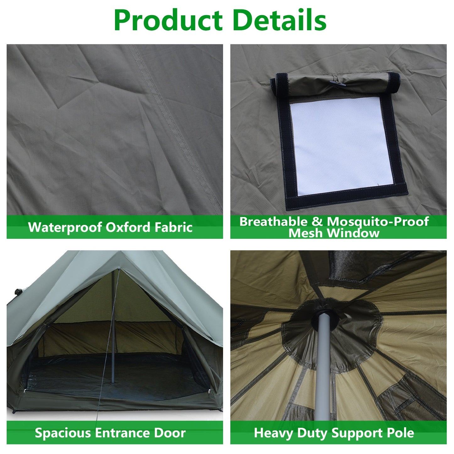 Dark Green 13.1 FT Oxford Bell Tent with Stove Jack – 4–8 Person