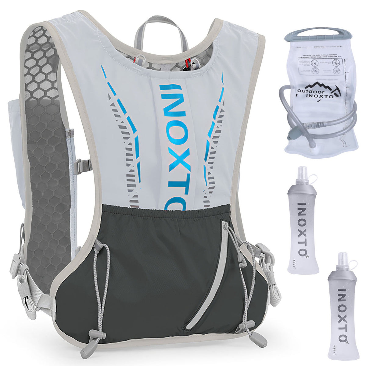 Inoxto hydration vest with water bottles on a white background