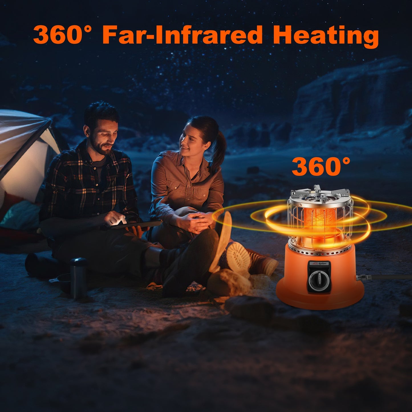 Two people sitting by a campfire with a 360° far-infrared heating device in the foreground.