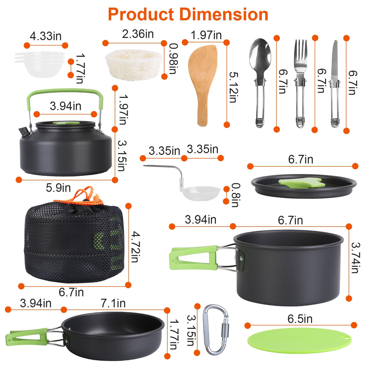 Measurement chart of various camping utensils and cookware with dimensions.