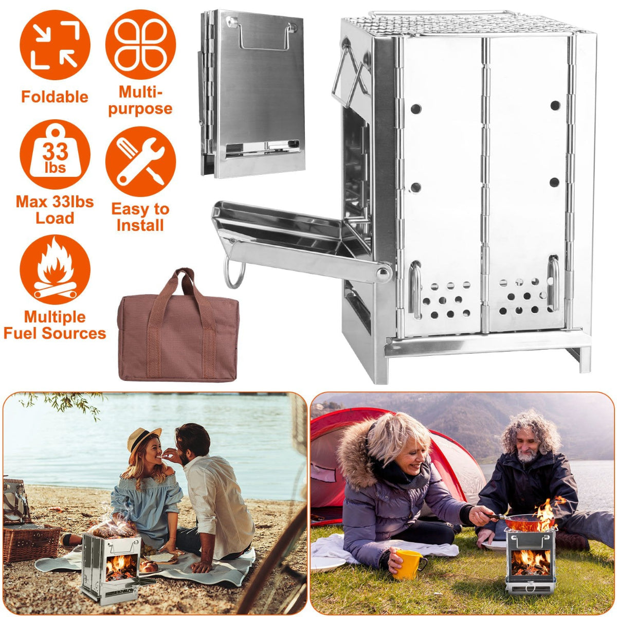 Collage of a foldable metal grill with features and usage scenarios.