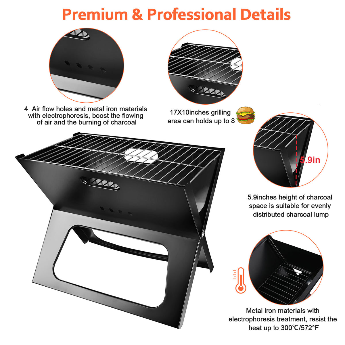 Black portable grill with features highlighted on a white background