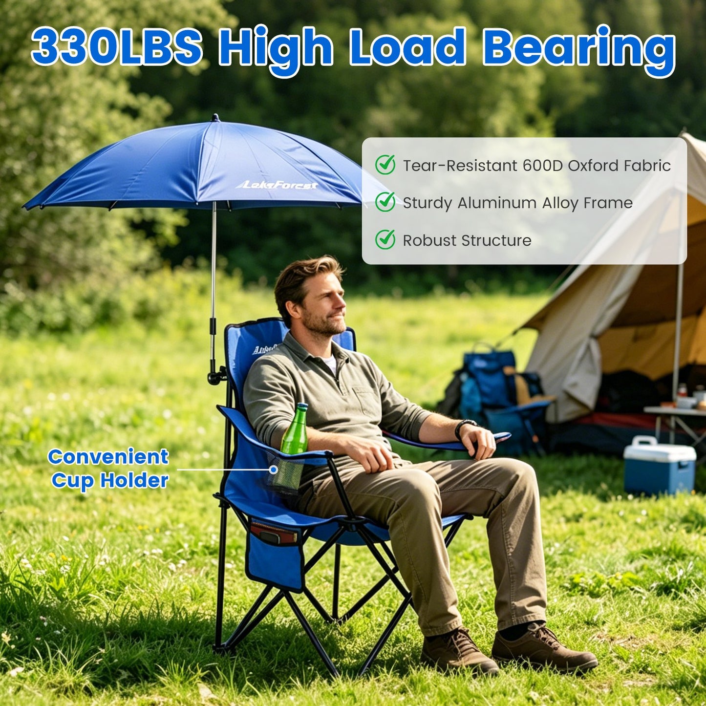 Lake Forest Royal Blue Foldable Camping Chair with Detachable Umbrella