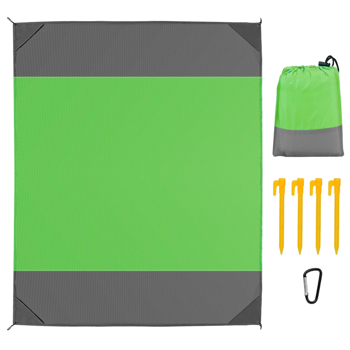 Green and gray camping mat with green carrying bag, yellow stakes, and black carabiner on a white background