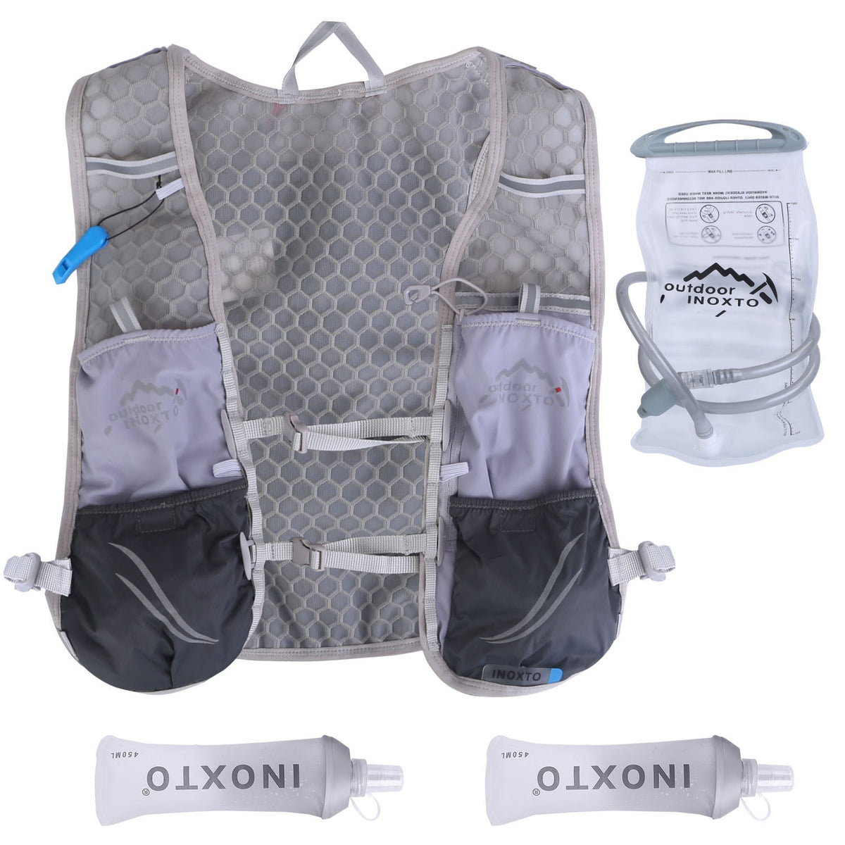 Hydration vest with water bladder and tubes on a white background