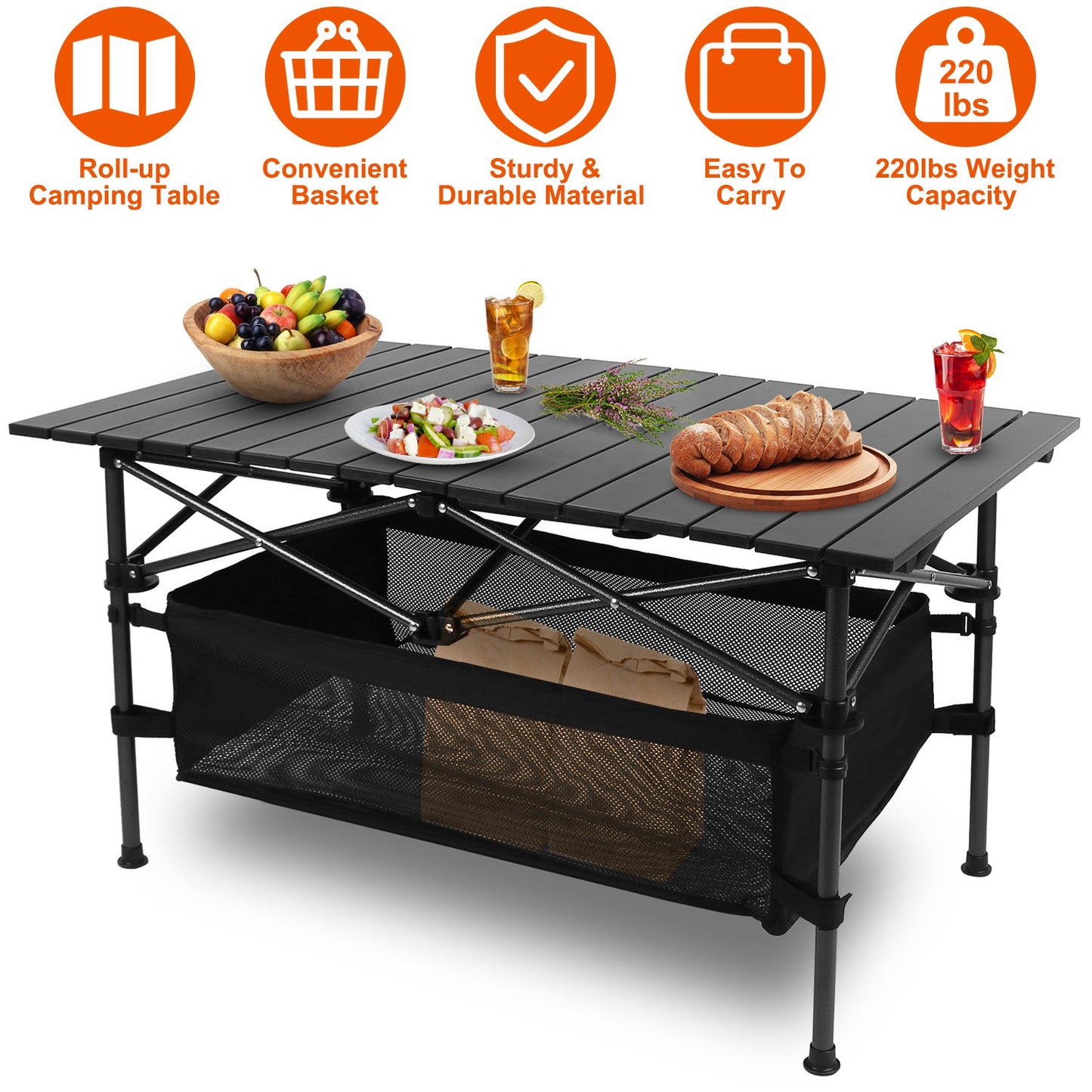 Roll-up camping table with food and drinks on a white background, featuring product features.