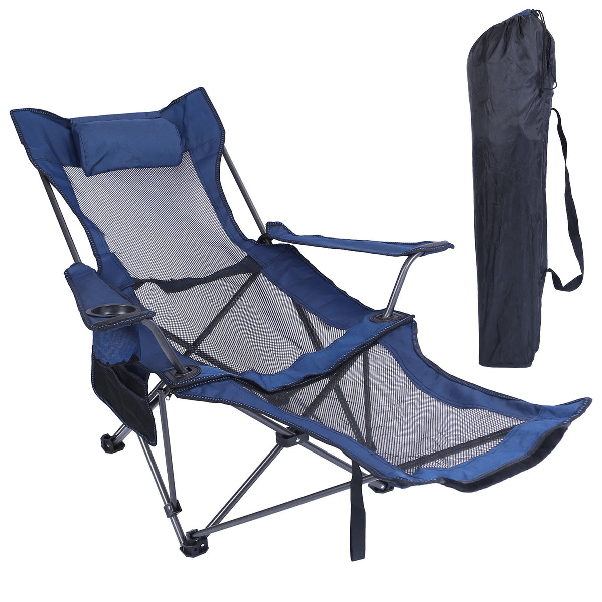 A blue and gray folding camping chair with a mesh seat and back, side cup holder, and black carry bag shown on a white background.