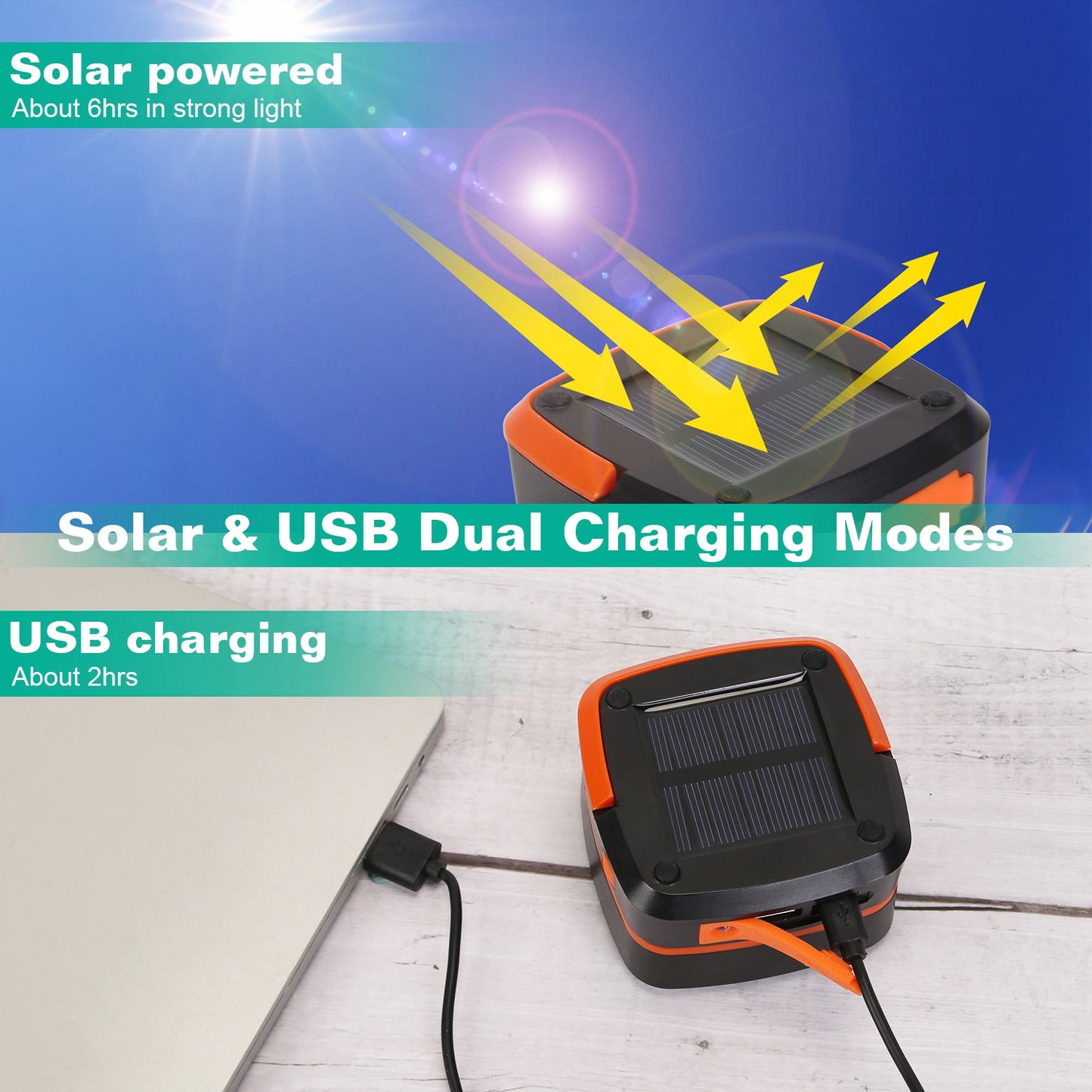 Solar-powered device with USB charging cable on a wooden surface, solar panel facing upwards.