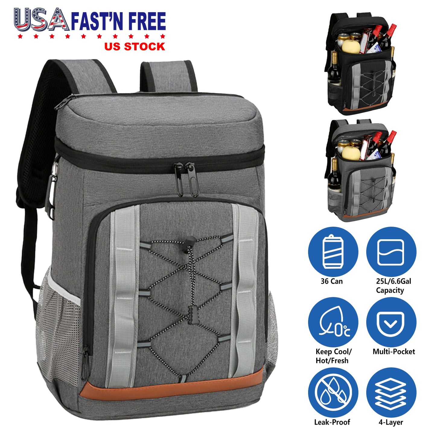 Gray backpack with black straps and brown accents, featuring product details on a white background.