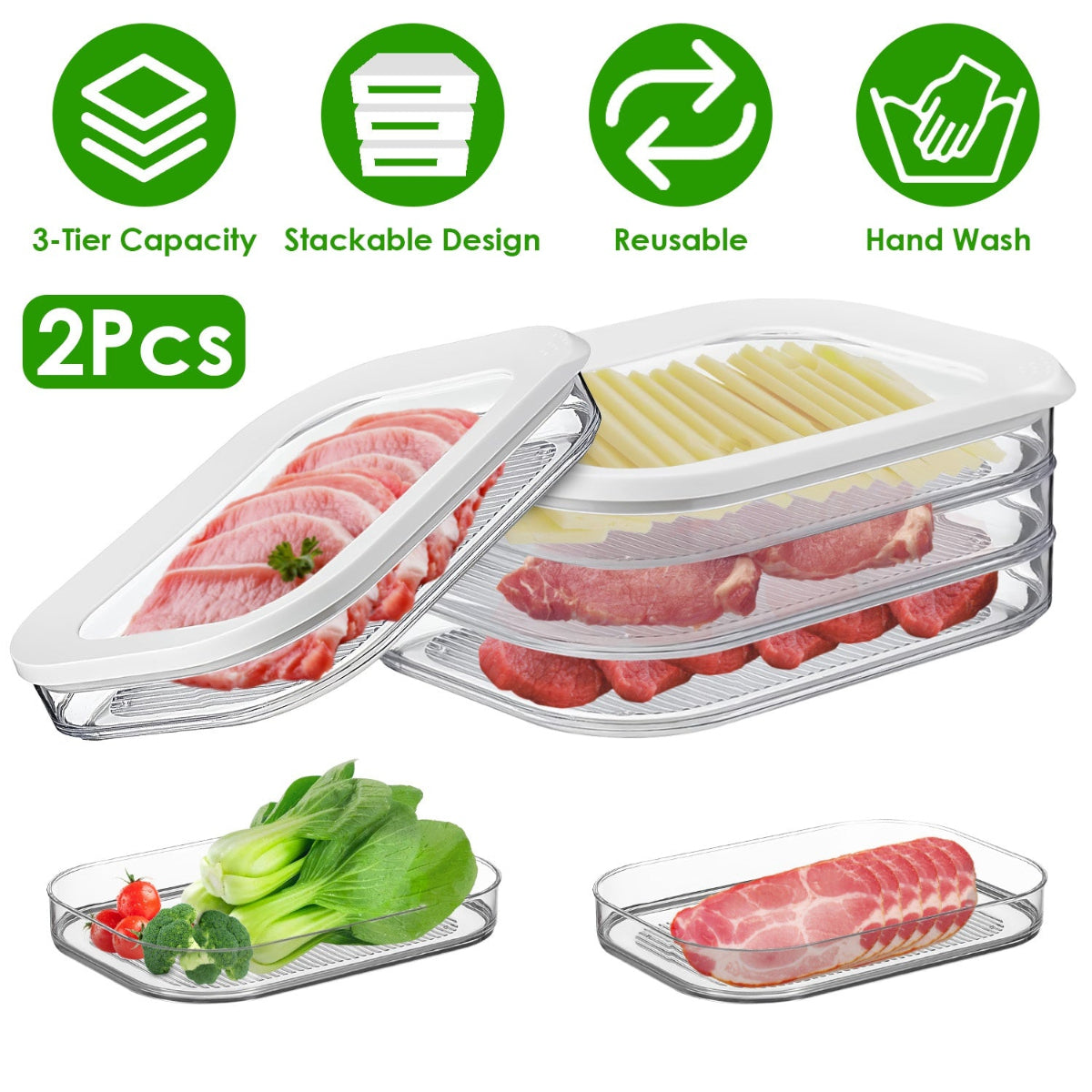 Stackable food storage containers with 3-tier capacity, stackable design, reusable feature, and hand wash capability.