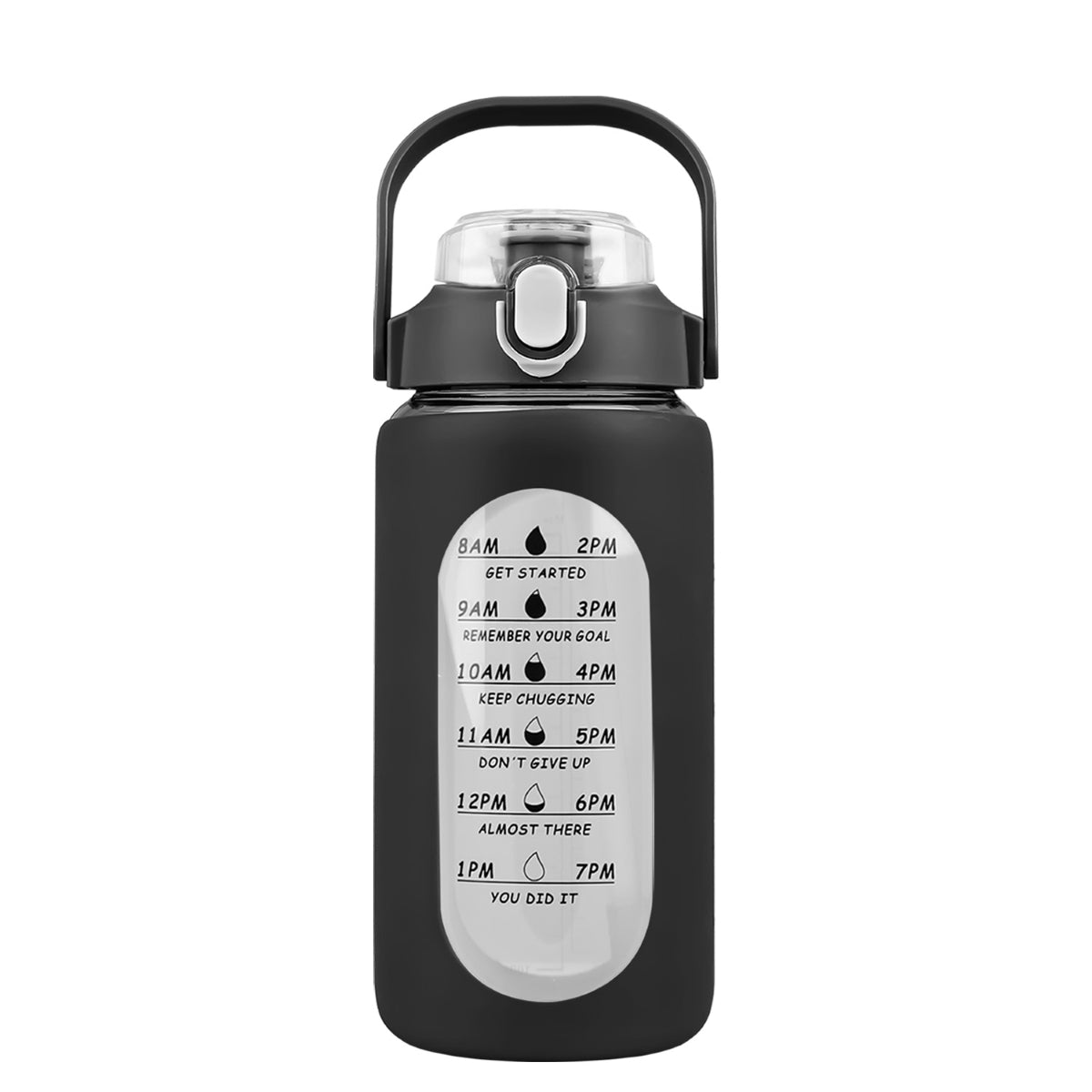 Black water bottle standing upright on white background with time markings