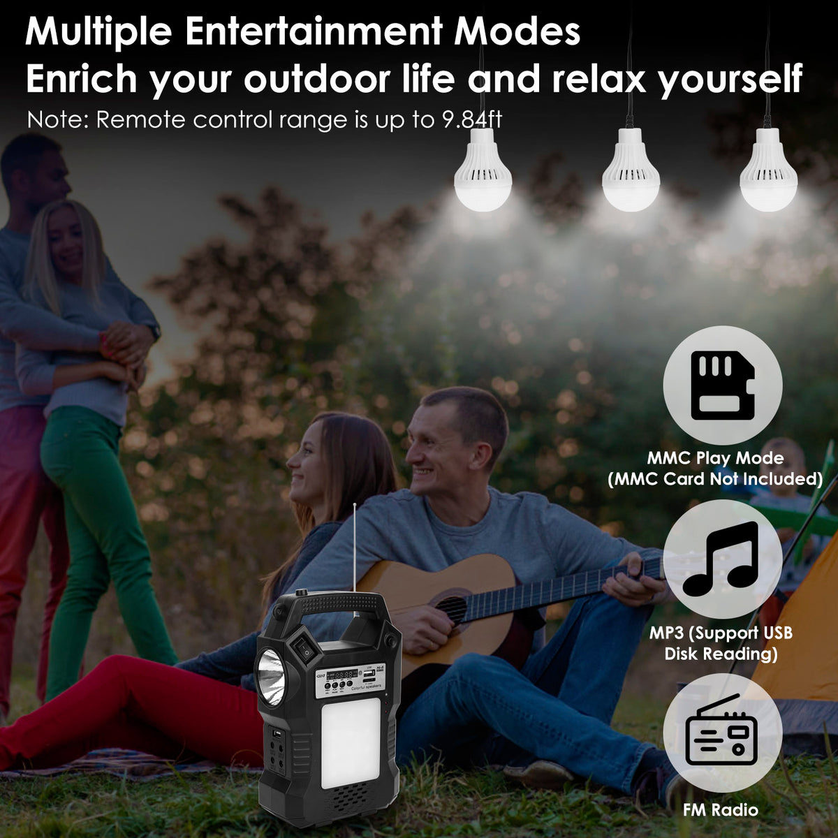 People sitting outdoors with a portable entertainment device, lights, and text about multiple entertainment modes.