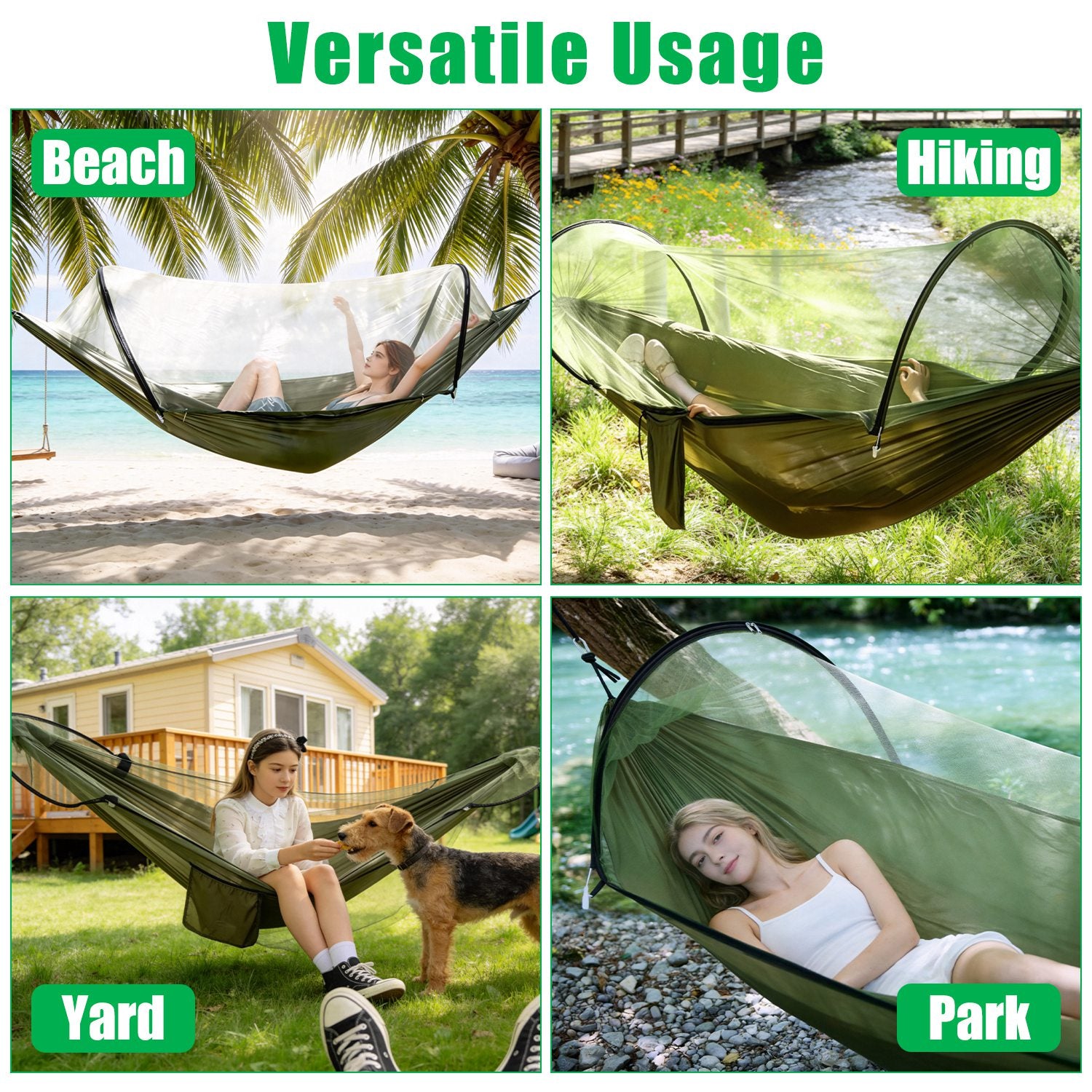 Hammock with mosquito net used in various settings including beach, hiking, yard, and park.
