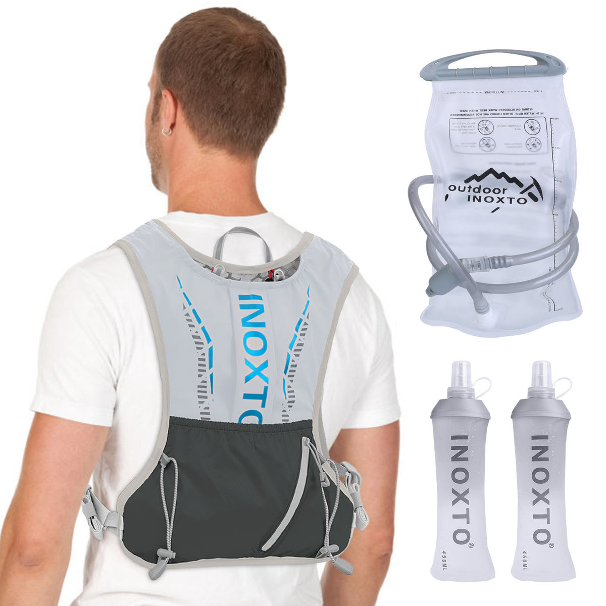 Person wearing an INOXTO hydration vest with a water bladder and two bottles on a white background