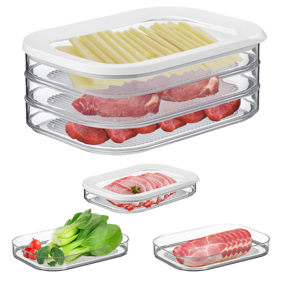 Stackable food storage containers with food inside on a white background