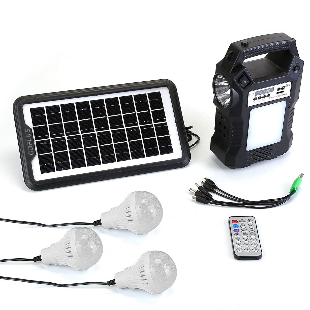 Solar panel, power station, LED bulbs, cables, and remote displayed on white background