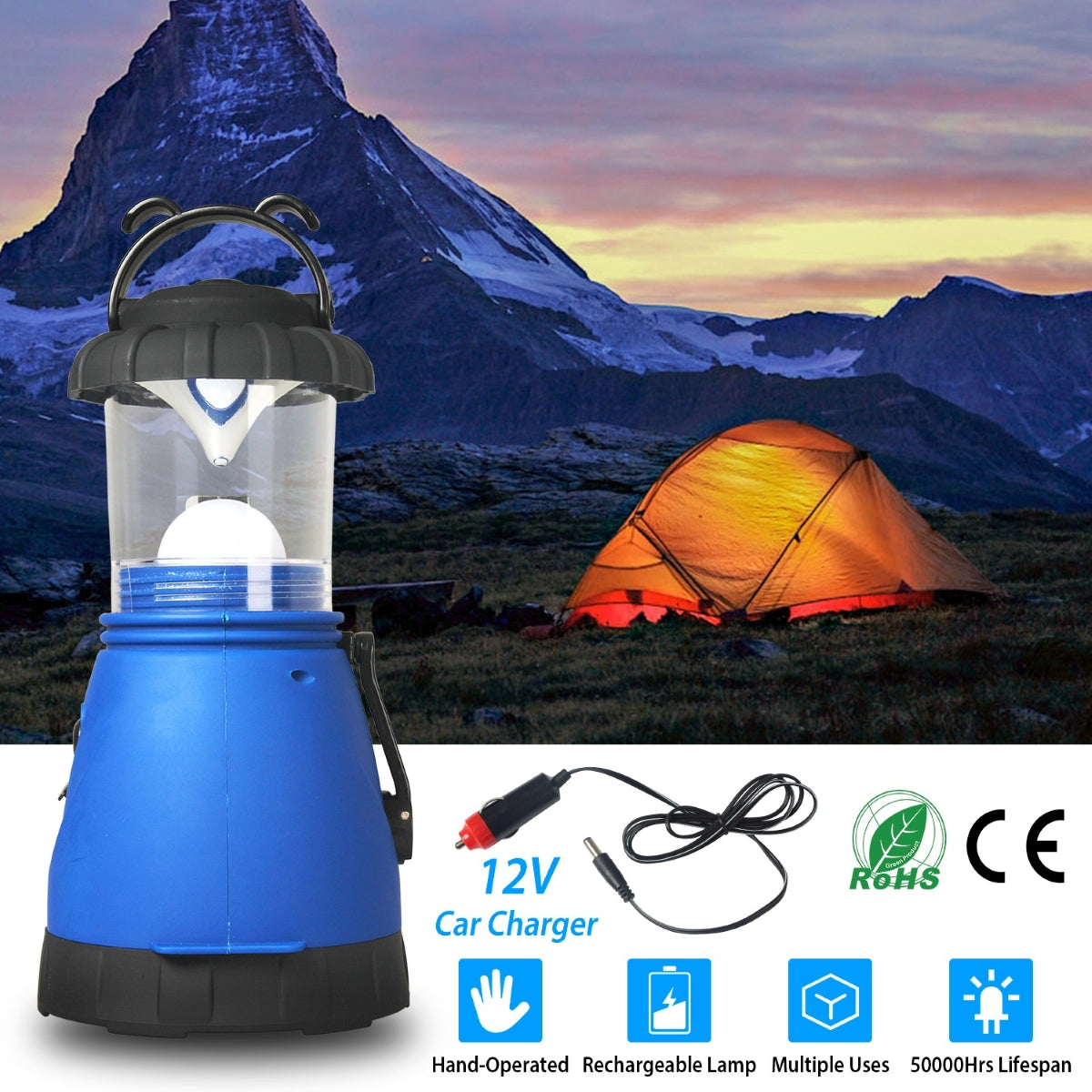 Blue camping lantern illuminated beside a pitched tent in a mountain campsite at dusk
