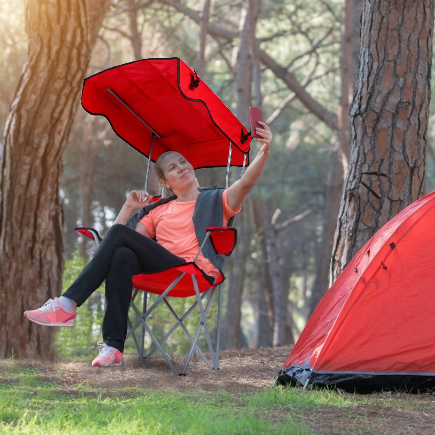 Red Foldable Canopy Camping Chair with Cup Holder