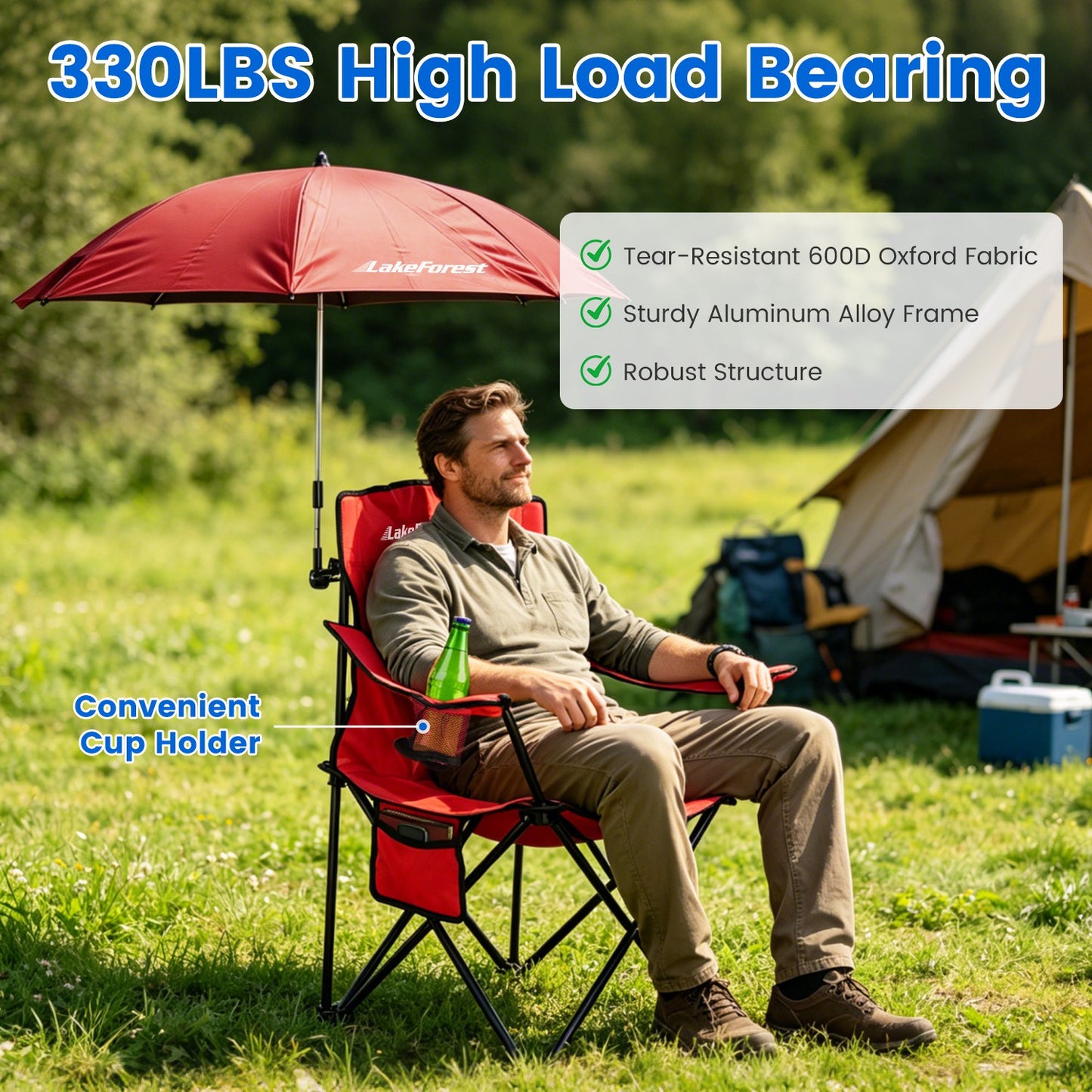 Lake Forest Red Foldable Camping Chair with Detachable Umbrella