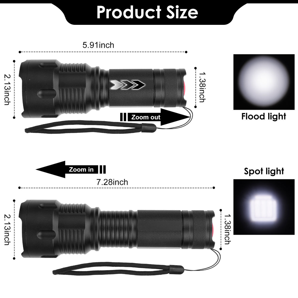 Measurement chart of a flashlight with zoom functions and light modes on a white background.