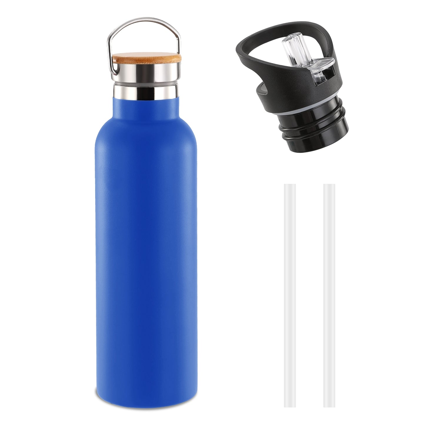 Blue water bottle with bamboo cap, black lid, and two straws on a white background