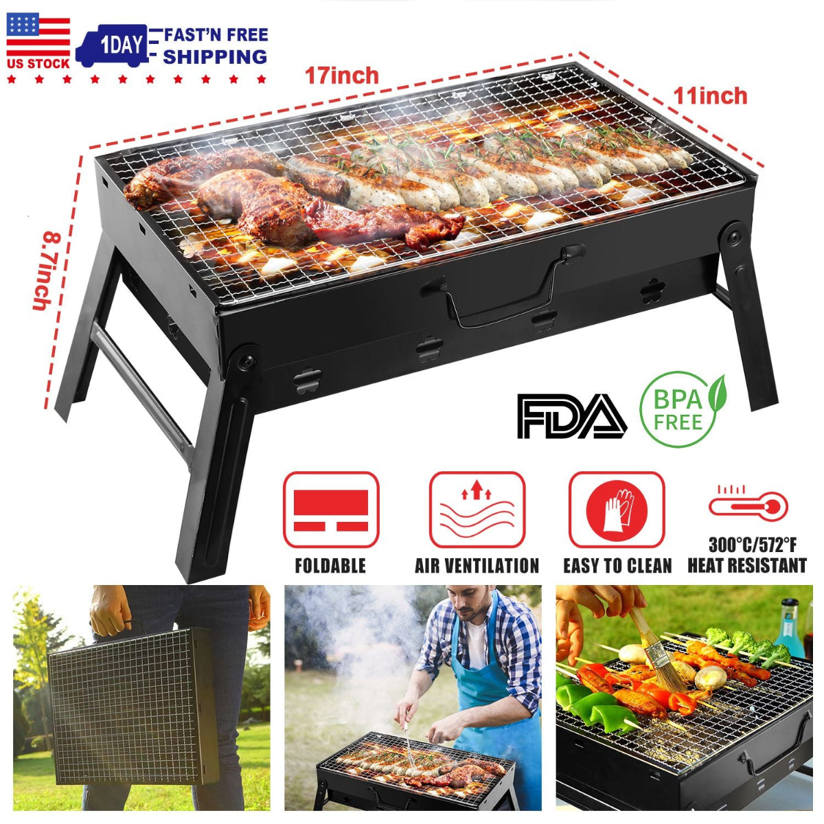 Portable grill with food being cooked, featuring dimensions and safety certifications on a white background.