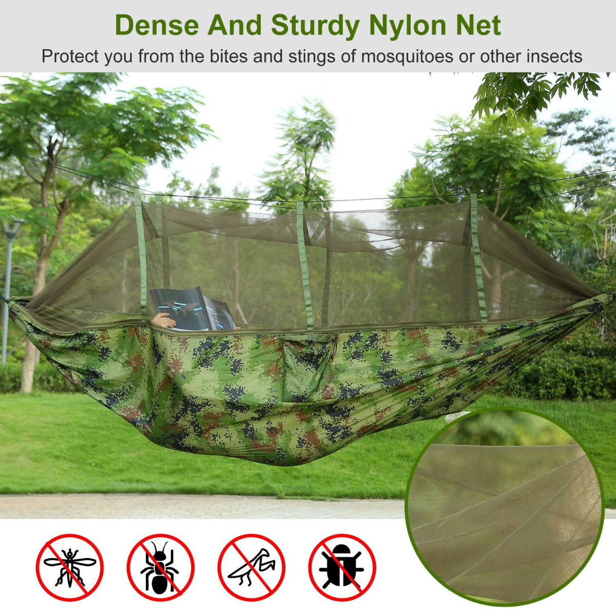 Camouflage hammock with insect netting in a natural setting