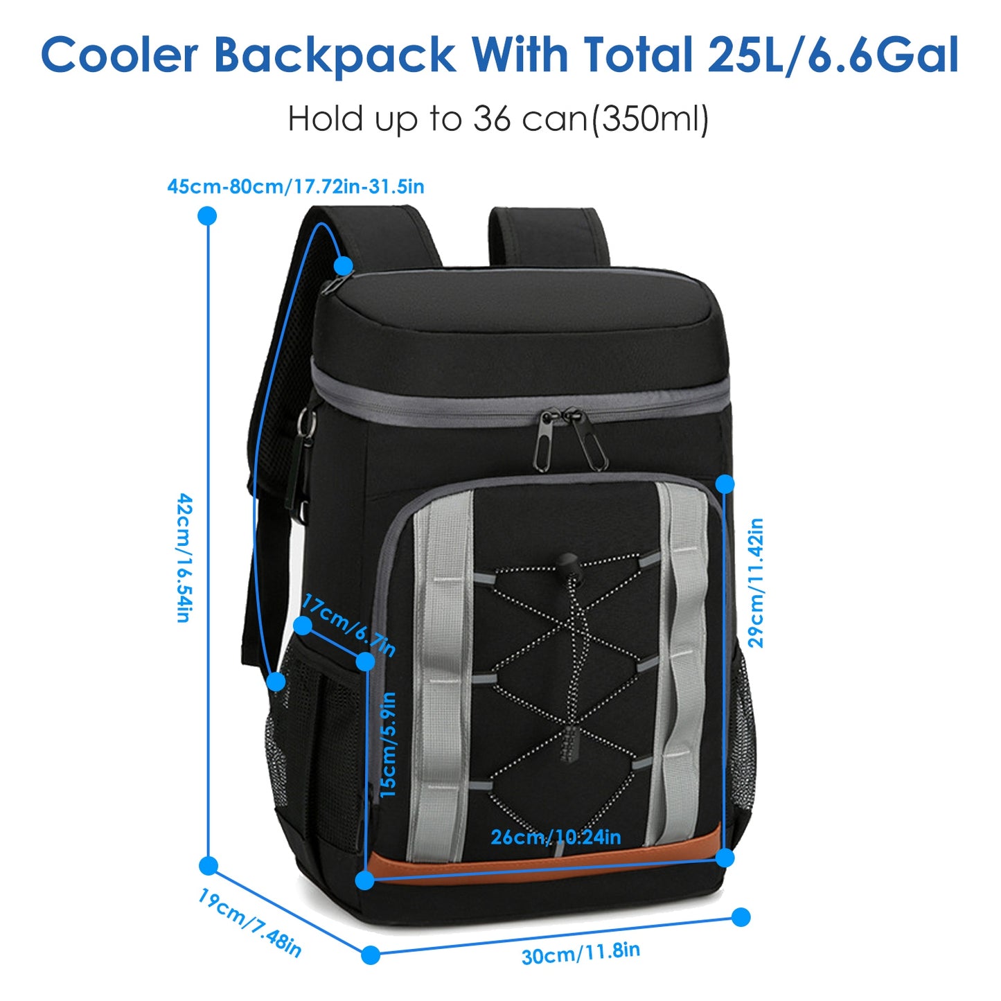 Black and gray cooler backpack with measurements on a white background