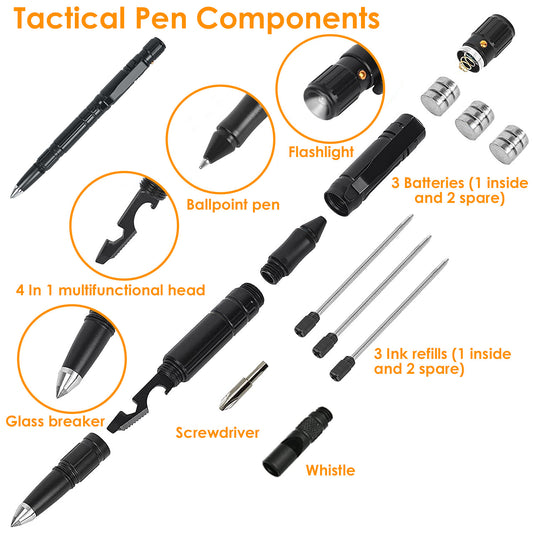 Tactical pen components including flashlight, ballpoint pen, 4-in-1 multifunctional head, glass breaker, screwdriver, and whistle on a white background.