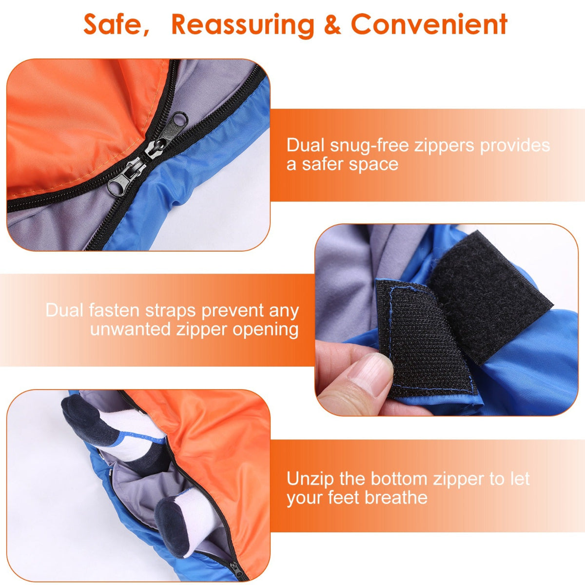 Product features with dual zippers and straps on a white background