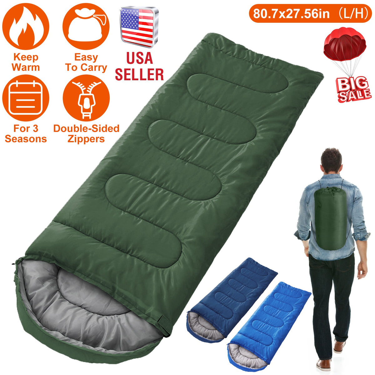 Green and blue sleeping bags with features and USA seller label on a white background