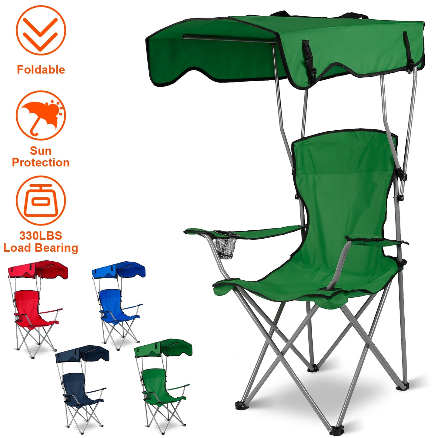 Lake Forest Green Foldable Canopy Camping Chair with Cup Holder