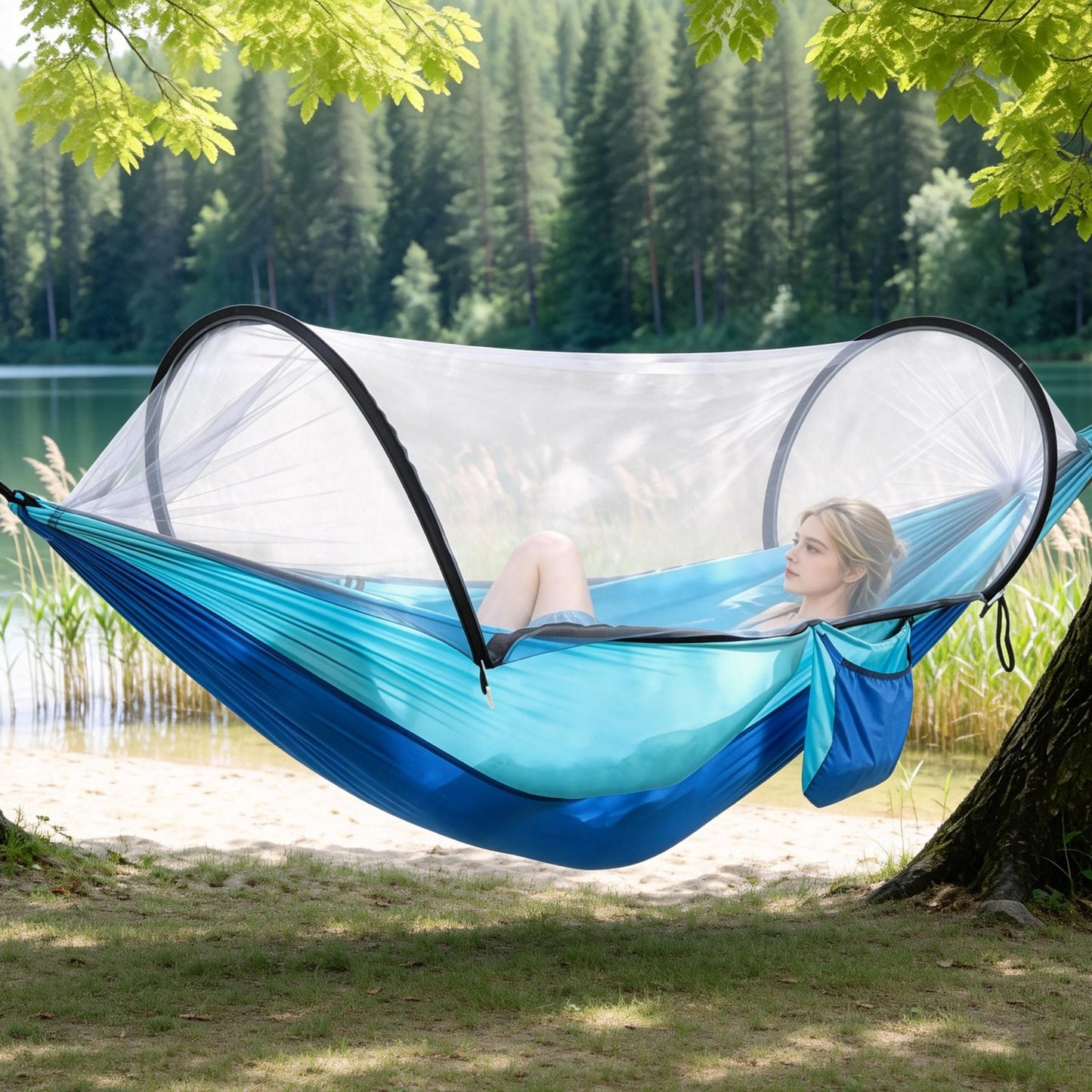 Lake Forest 3-in-1 Camping Hammock with Mosquito Net – RoBlue/SkyBlue