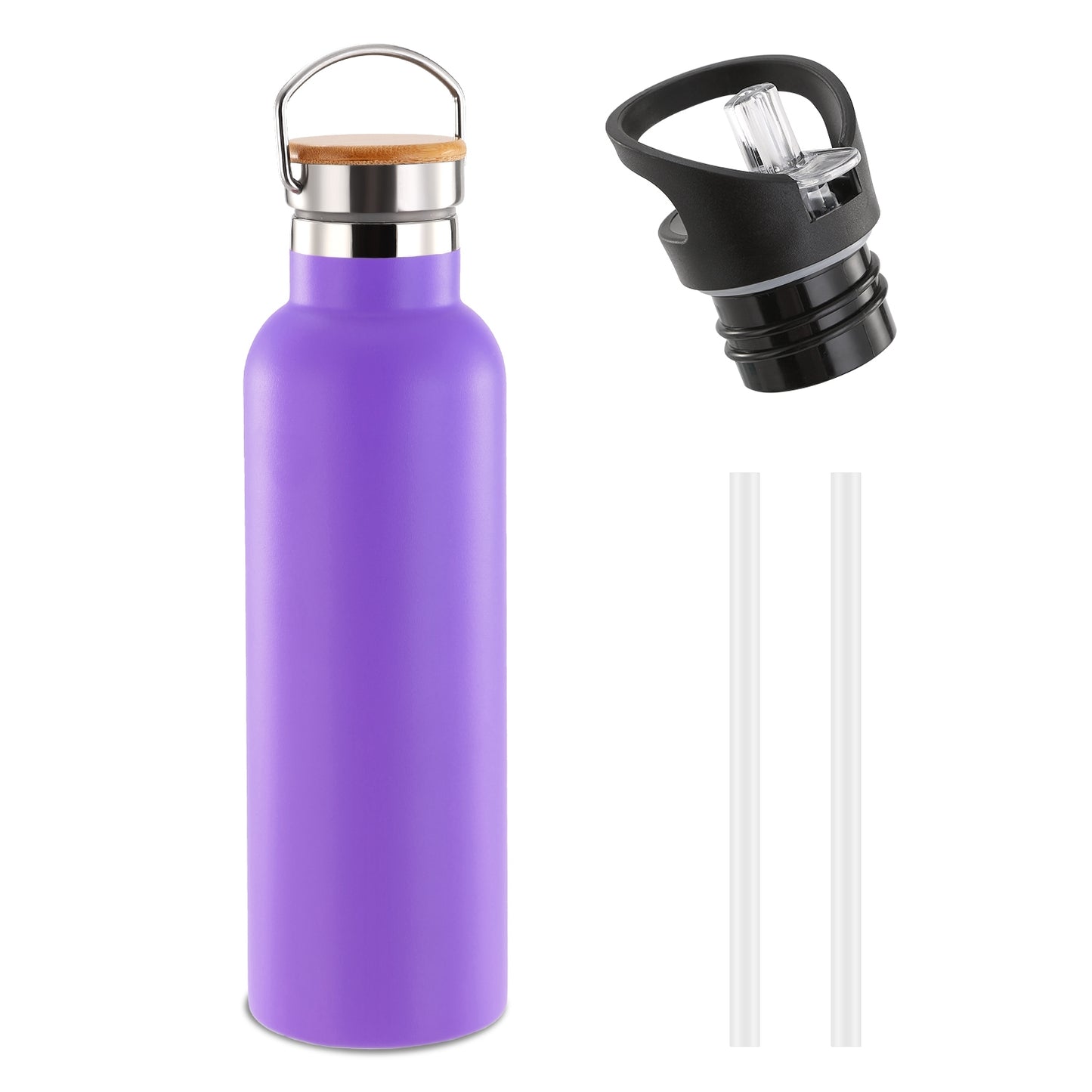 Purple water bottle with bamboo cap, black lid, and two straws on a white background