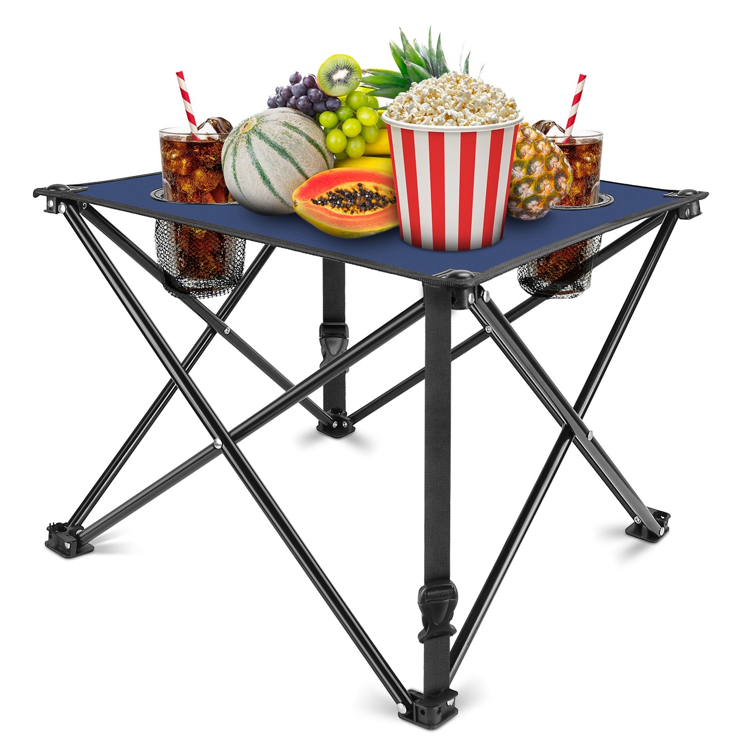 Lake Forest Navy Blue Portable Folding Camping Table with 2 Cup Holders