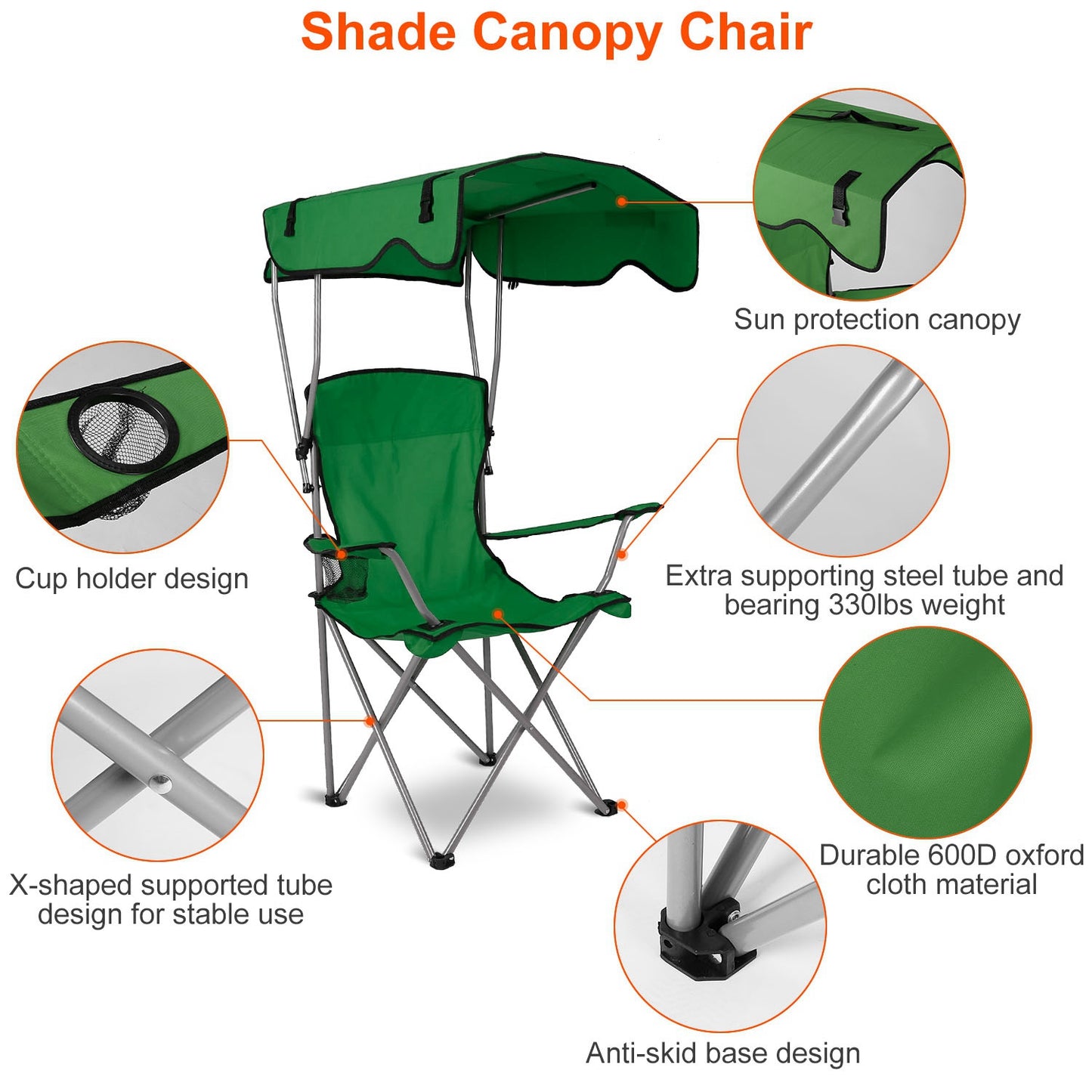 Lake Forest Green Foldable Canopy Camping Chair with Cup Holder