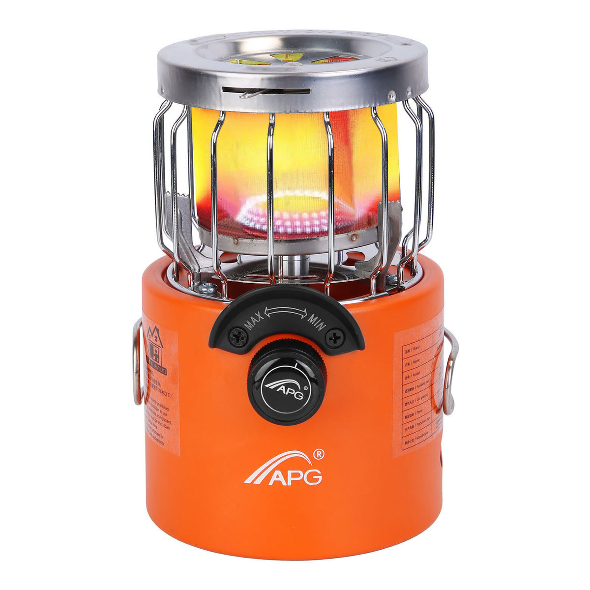 An orange portable camping lantern with a silver metal guard and a glowing yellow-orange flame inside, featuring a black control dial with the APG logo on the front.