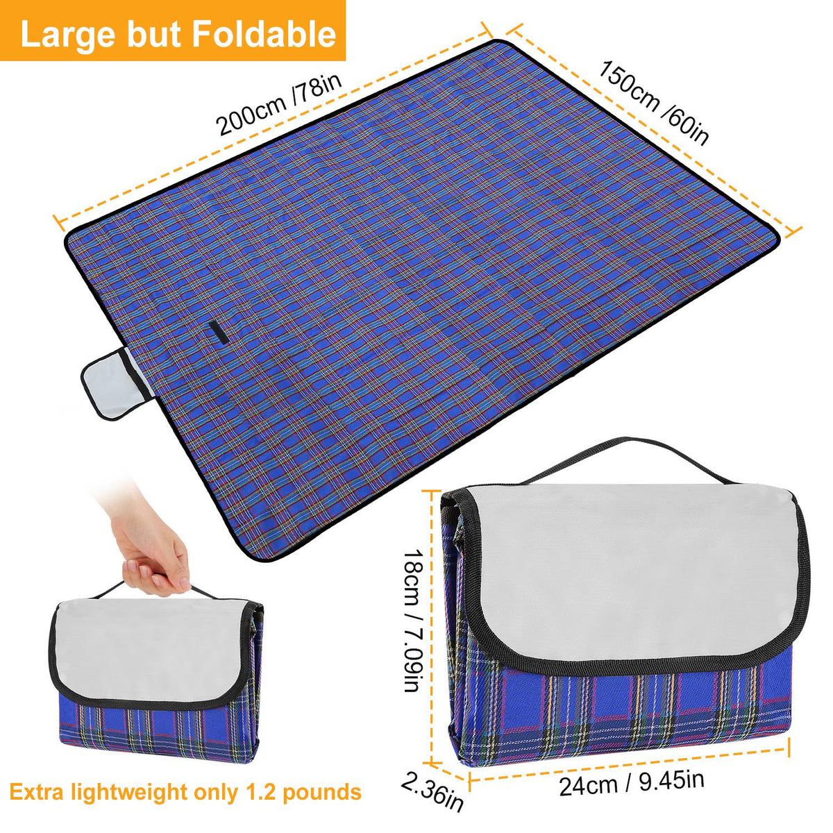 Blue Plaid 60" × 78" Waterproof Picnic Blanket