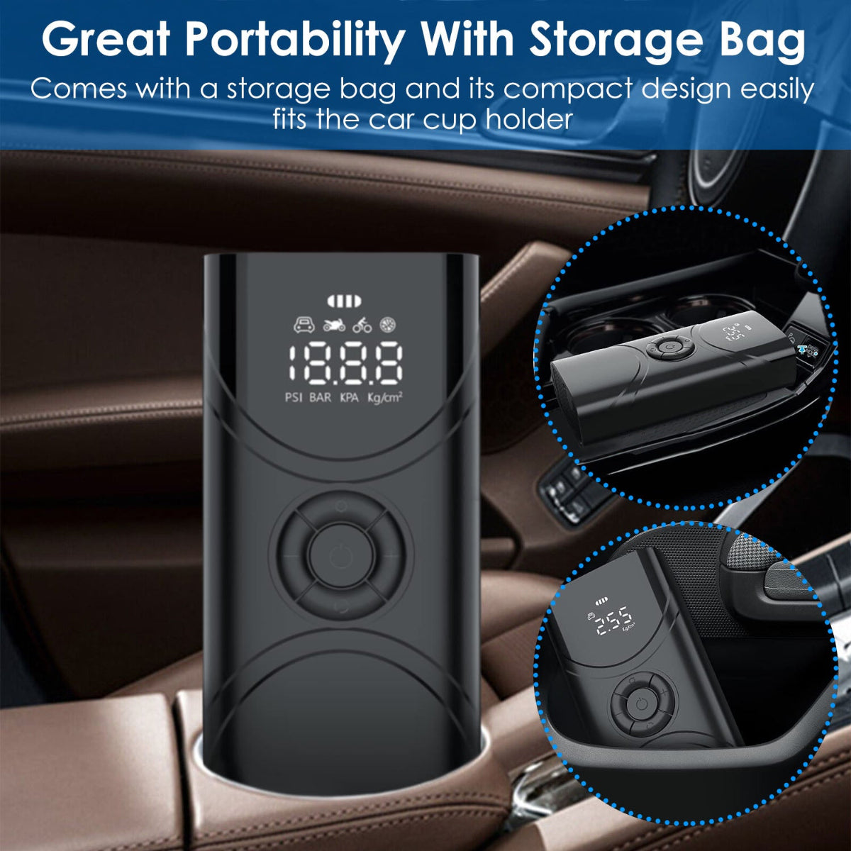 Car tire pressure monitor with digital display in a car cup holder, featuring text about portability and storage.