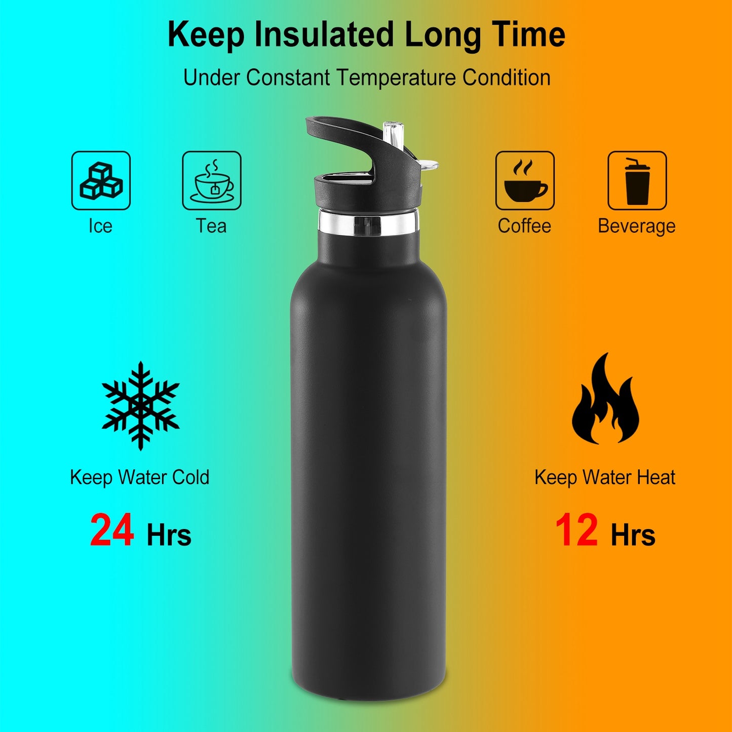 Black insulated water bottle with temperature retention icons on a gradient background
