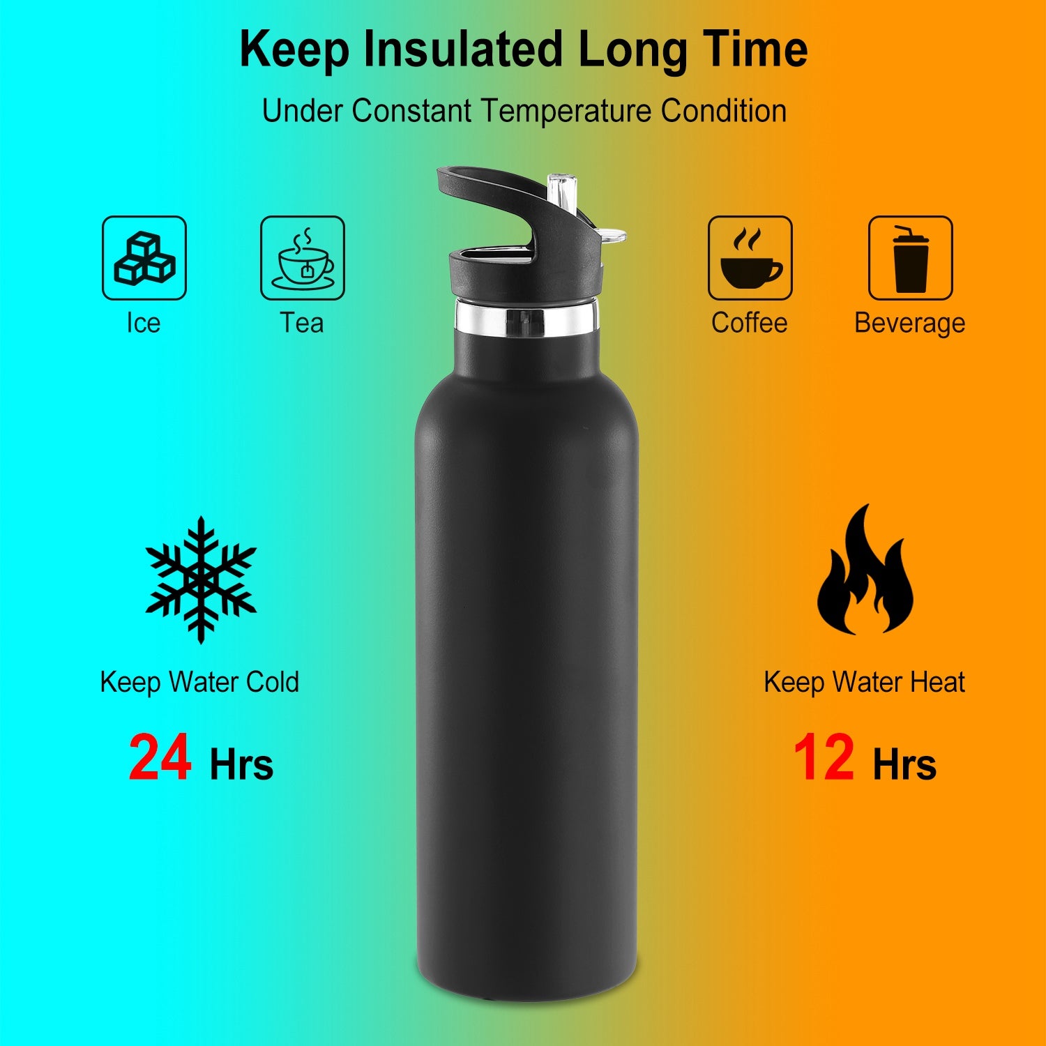 Black insulated water bottle with temperature retention icons on a gradient background
