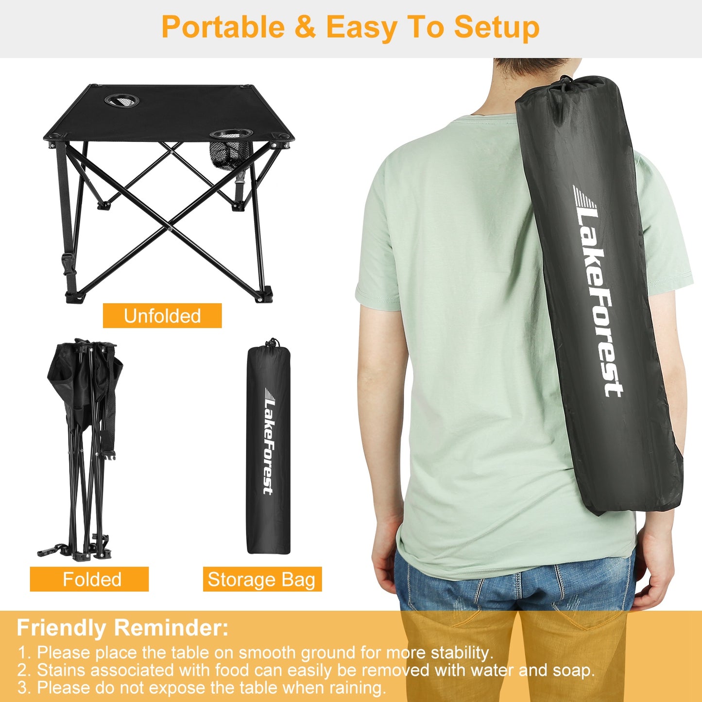 Lake Forest Navy Blue Portable Folding Camping Table with 2 Cup Holders